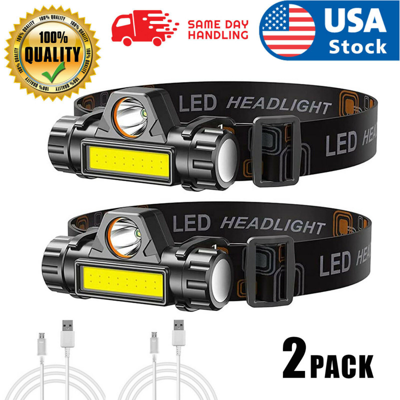 2PACK LED Headlamp USB Rechargeable COB Headlight Camping Fishing Hunting Lamp