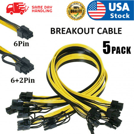 5pack 50cm Quality Breakout Cable 6Pin to 8Pin (6+2Pin) PCI-E Cable 18AWG Mining