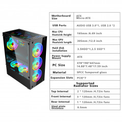 PC ATX Mid-Tower Gaming PC Computer Case Tempered Glass ATX/MATX/ITX Case