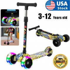 3 Wheel Adjustable LED Kick Scooter Deluxe Height T-bar Glider For Toddler Kids