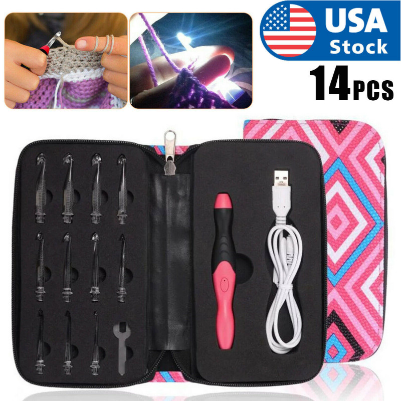 12-IN-1 USB LED Light Up Crochet Hooks Knitting Needles Weave Sewing Tools Set 12-IN-1 USB LED Light Up Crochet Hooks Knitting Needles Weave Sewing Tools Set