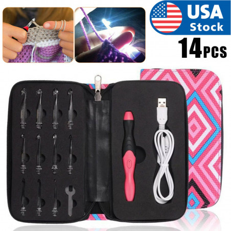 12-IN-1 USB LED Light Up Crochet Hooks Knitting Needles Weave Sewing Tools Set