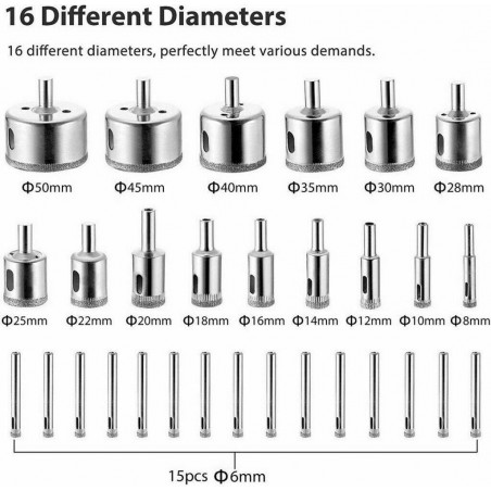 30pcs 6-50mm Diamond Core Hole Saw Drill Bits Tool Cutter For Tiles Marble Glass