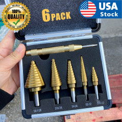 HSS 6PCS Titanium Step Drill Bit Set W Automatic Center Punch High Speed Steel