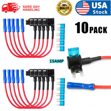 10PCS 12V 15 Amp Car Add-a-circuit Fuse TAP Adapter Kit, Mini ATM APM Blade Fuse