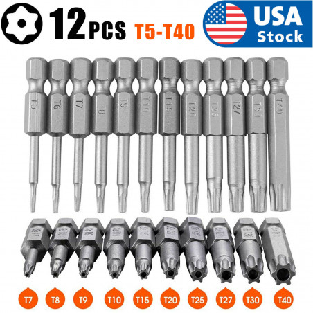 12 Pcs 50mm 1/4 Inch Hex Shank T5-T40 Torx Head Screw Driver Bits Set Kit Tools