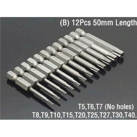 12 Pcs 50mm 1/4 Inch Hex Shank T5-T40 Torx Head Screw Driver Bits Set Kit Tools