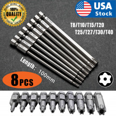 8Pcs 100mm 1/4 Inch Hex Shank T8-T40 Torx Head Screw Driver Bits Set Kit Tools