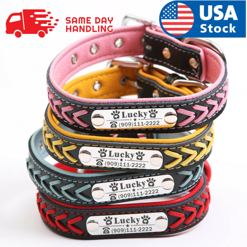 Personalized Dog Collar Braided Leather Padded Name ID Tag Engraved Free XS-XL