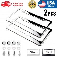 2PCS SLIM CHROME STAINLESS STEEL LICENSE PLATE FRAME SCREW CAP /SLIM 4 HOLE