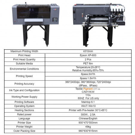 AOK A3 DTF Printer Direct to Film Printer wit 2 Epson XP-600 Printheads+software