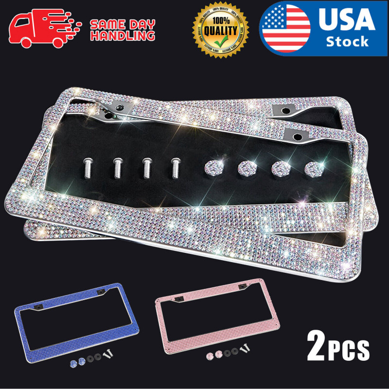 2PCS Bling License Plate Frame Glitter Crystal Sparkling Rhinestone Tag