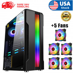Black 5fans+ PC Case ATX M-ATX Mid-Tower Gaming Computer Case Tempered Glass
