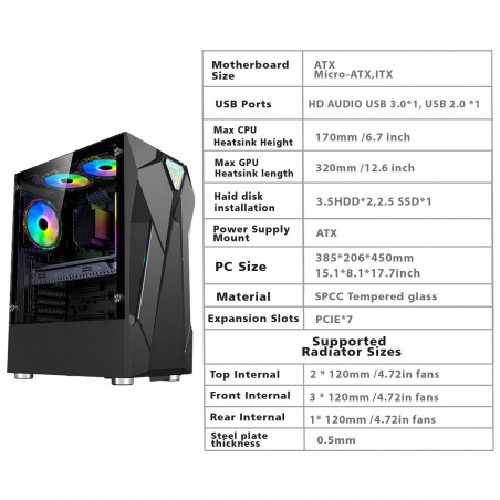 High Quality Gaming PC Desktop Computer Gaming ITX Case ATX Black+6Fan