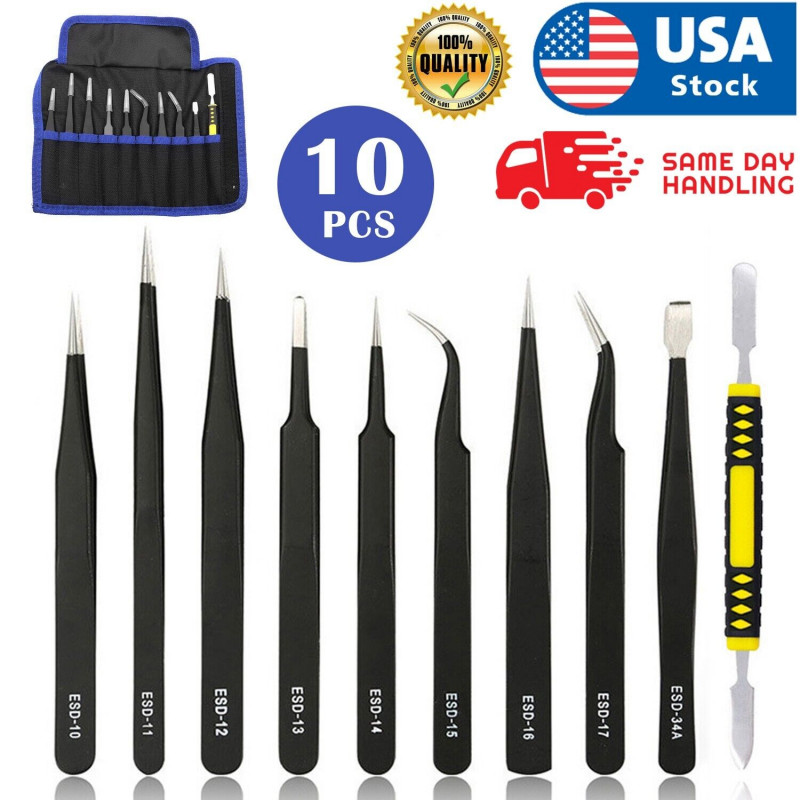 10 Pcs Precision ESD Anti-Static Repair Stainless Steel Tweezers Set Kit Tools