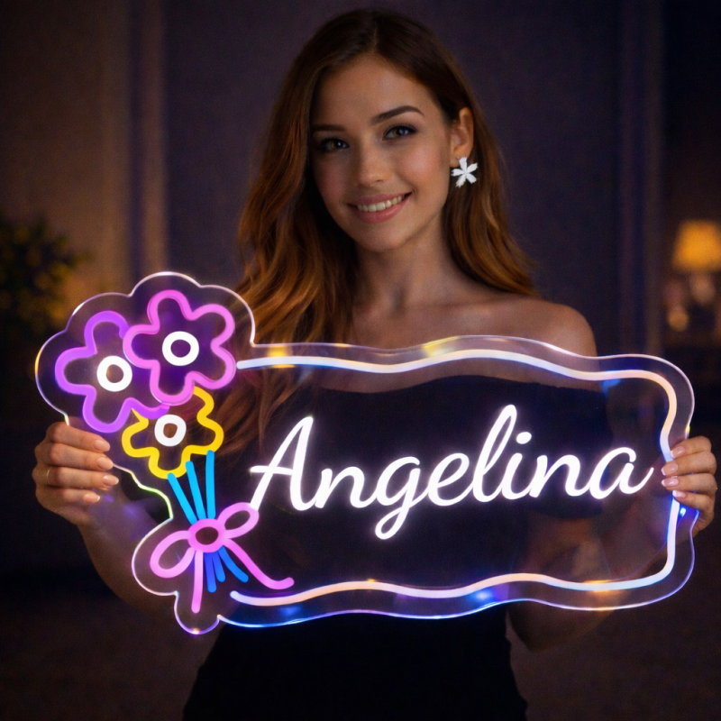 Personalized Name Neon Sign for – Custom LED Acrylic Sign with bunch of flowers – Gift for Bedroom Decor, Birthday