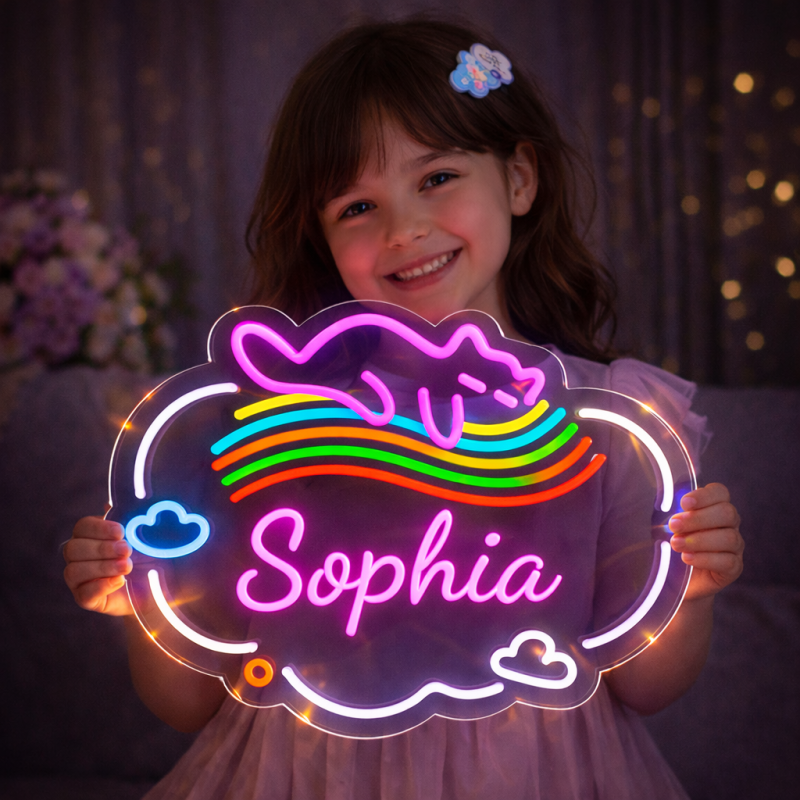 Personalized Name Neon Sign for – Custom LED Acrylic Sign with Rainbow & Heart Design – Gift for Bedroom Decor, Birthday