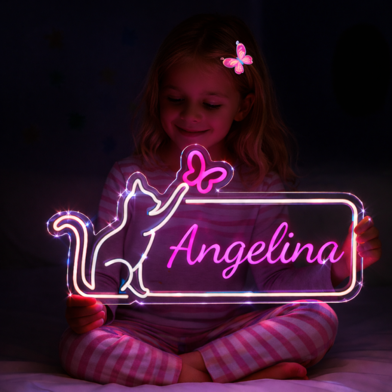 Custom Neon Sign Cats + butterflies, with your name or text Custom Led Sign Wall Decor, Custom Led Light Bedroom Decor