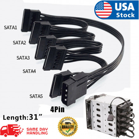 4 Pin 1 to 5 SATA 15 Pin Hard Drive Power Supply Splitter Cable 31inch NEW