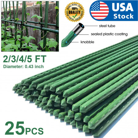 25PCS 2/3/4/5Ft Metal Garden Plant Stakes  Plastic Coated Steel Plant Sticks