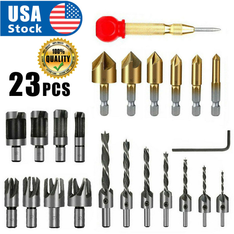 23Pcs Woodworking Chamfer Drilling Tool Countersink Drill Bits Wood Plug Cut