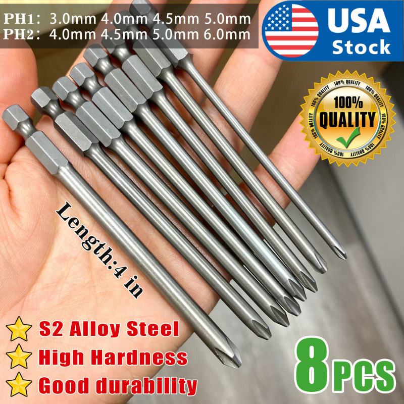 8Pcs 4in 1/4 Hex Shank Magnetic Cross Phillips Screw Head Screwdriver Bits Set