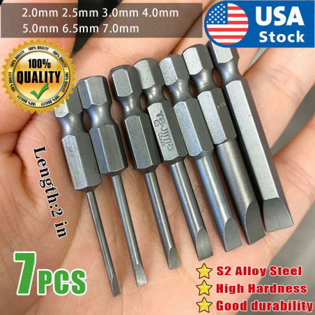 7pcs 2in 2-7mm Magnetic Flat Head Slotted Tip Screwdrivers Bits S2 Alloy Steel