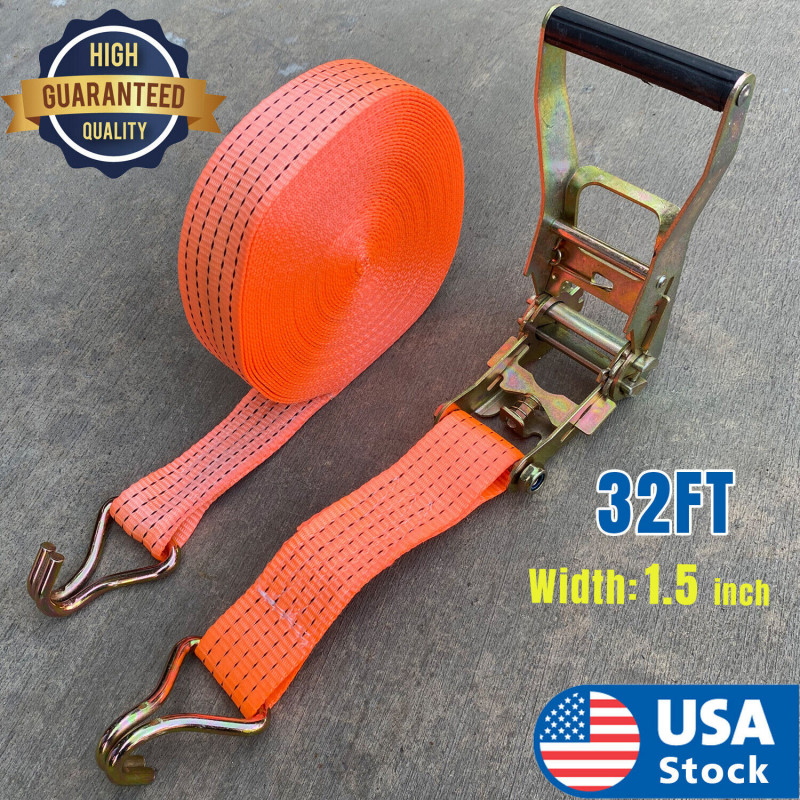 Heavy Ratchet Tie Down Straps Cargo Truck Dual J-Hooks Heavy Duty 32FTx 1.5"