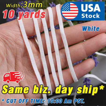 10 yards Elastic Band Flat 1/8" 3mm Trim Spandex make mask string DIY mask White