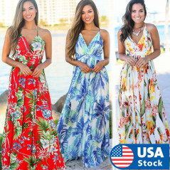 Women Floral Sexy Backless Evening Party Beach Long Maxi Dresses Boho Sundress