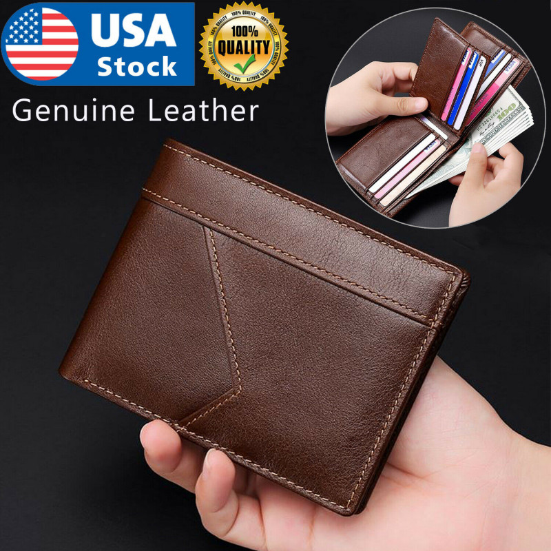 Genuine Leather Minimalist Bifold Wallets For Men RFID Blocking Slim Mens Wallet