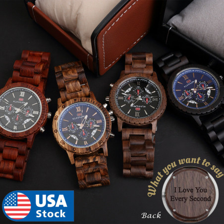 Custom name Wood Watch Wooden Quartz Date Display Men's Wristwatch gift for men