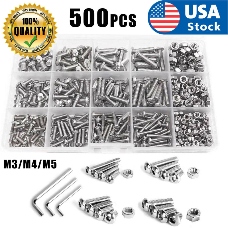 500pcs Stainless Steel Hex Socket Cap Head Bolts Screws Nuts M3 M4 M5 304 Kit