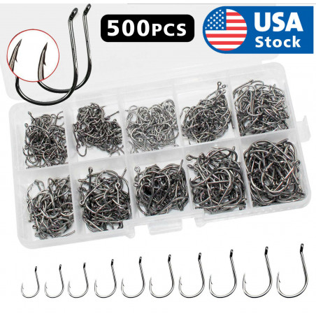 500pcs Fish Hooks 10 Sizes Fishing Black Silver Sharpened With Box Quality kit