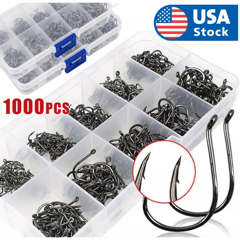 1000pcs Fish Hooks 10 Sizes Fishing Black Silver Sharpened With Box Quality kit