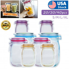 20-40PC/Set Reusable Mason Jar Bottles Zipper Snack Bags Seal Food Saver Storage