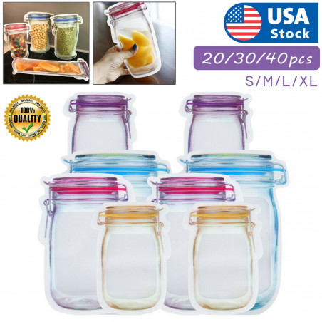 20-40PC/Set Reusable Mason Jar Bottles Zipper Snack Bags Seal Food Saver Storage