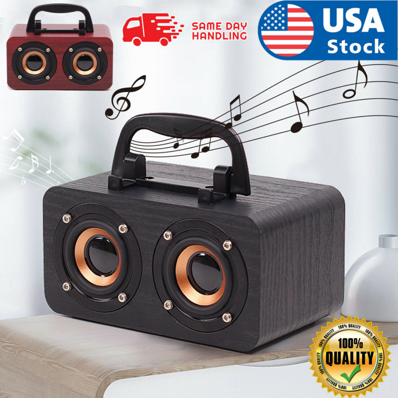 Retro Wooden Wireless Bluetooth Portable Speaker Stereo Subwoofer Phone Holder