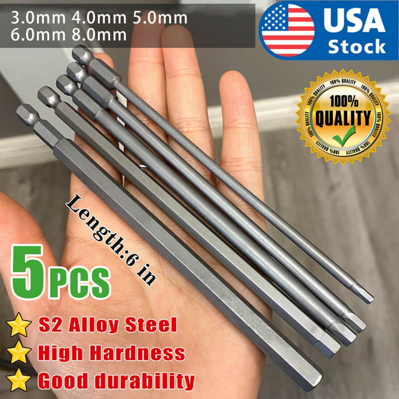 5PCS Hex Screwdriver Bit Set Security Magnetic Hexagon Head Shank Extra Long 6"