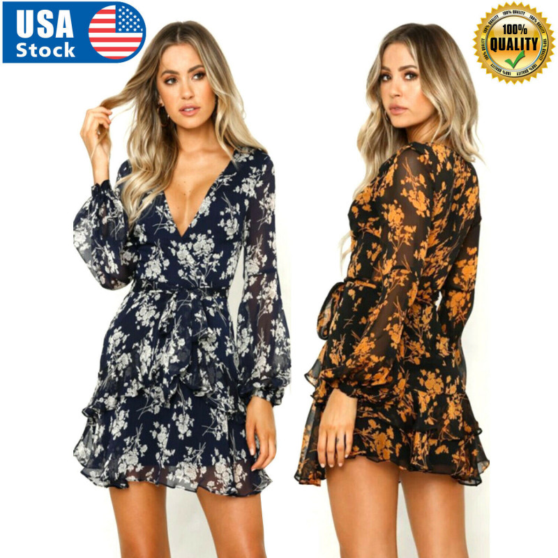 Women Spring Summer Sexy V Neck Long Sleeve Printed Mini Short Dresses(S-XXL)