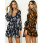 Women Spring Summer Sexy V Neck Long Sleeve Printed Mini Short Dresses(S-XXL)