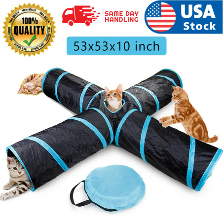Feline New Cat Tunnel Design, Collapsible 4-way Tunnel Toy with Crinkle