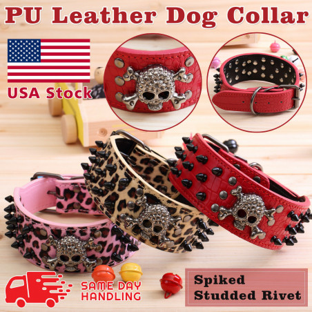 Skull Metal Studded Spiked Rivet Large Dog Collar  PU Leather Collar Shepherd