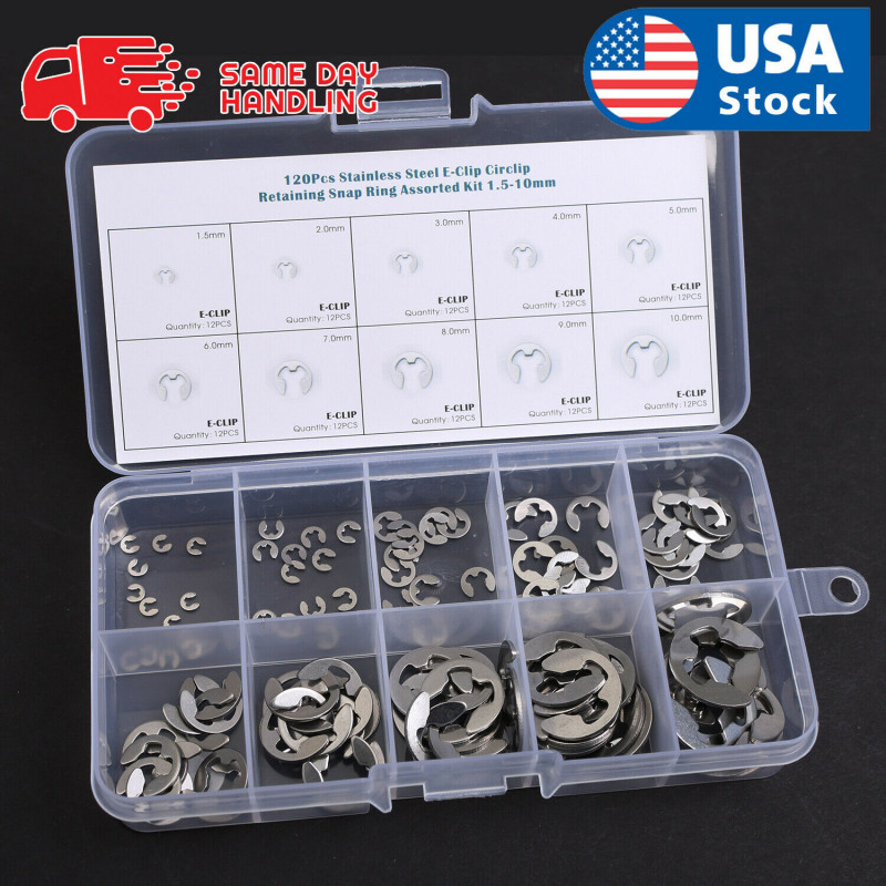 120Pcs 304 Stainless Steel E-Clip Retaining Circlip Assortment Kit 1.5mm to 10mm