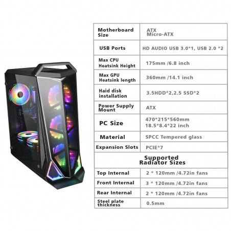 BLACK USB3.0 Steel/ Tempered Glass ATX Mid Tower Gaming Computer PC case