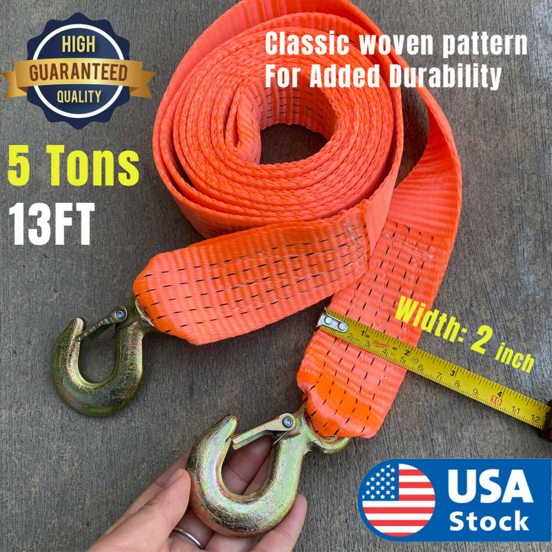 5 Tons Car Tow Cable Towing Strap Rope with Hooks Emergency Heavy Duty 13 FT