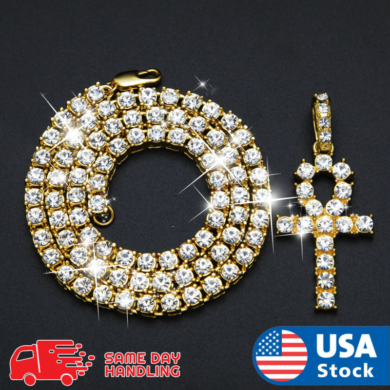 24inch  Cross Pendant Tennis Chain 14k Gold Hip Hop Necklace