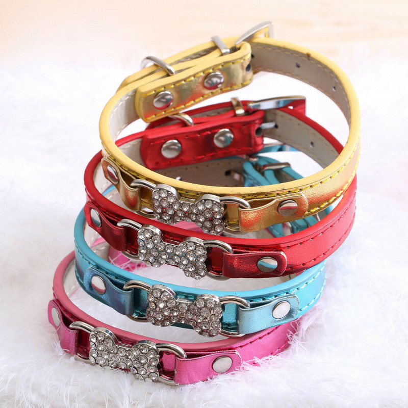 Jeweled Dog Bone PU Faux Leather Collar Dog Cat Small XS S M Adjustable