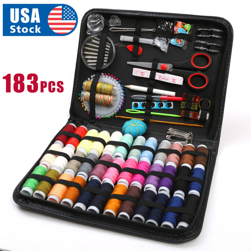 183Pc Sewing Kit Measure Scissor Thimble Thread Needle Storage Box Travel Set