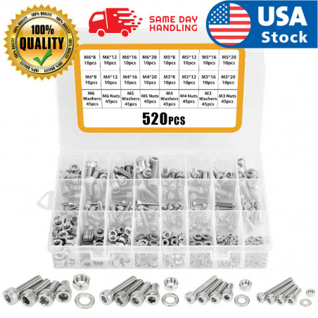 304 Stainless Steel Screw Nut 520pcs, M3 M4 M5 M6 Hex Socket Head Cap Screws Set